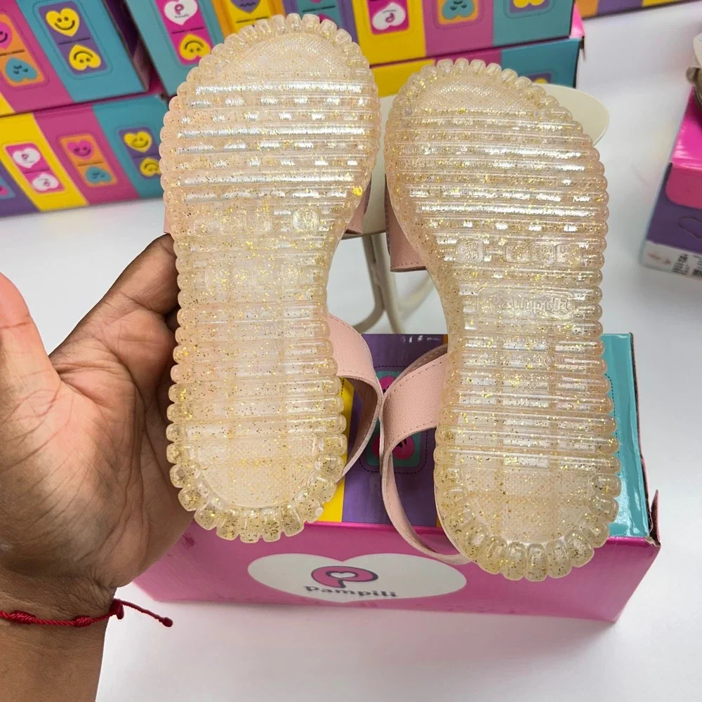 Pampili FeetCare Pink Iridescent Heart Sandals Glitter Sole Kids Size 13 US